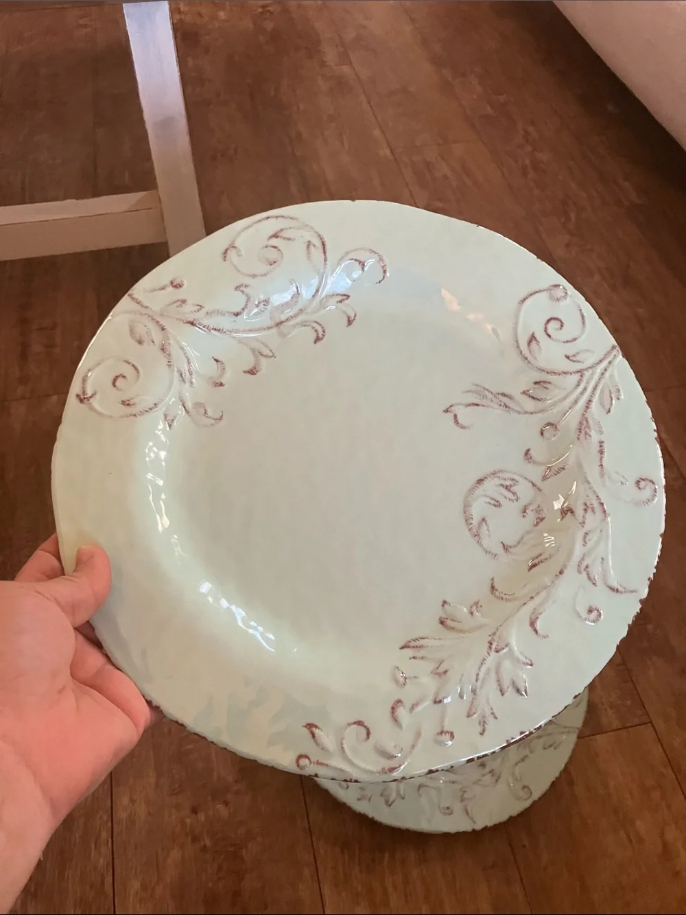 4 Farmhouse Mint Plastic Dinner Plates with Leaves Brown Scroll Accents